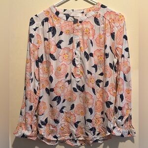 LOFT size XSP Long Sleeved Floral Blouse with Peach and Black Design
